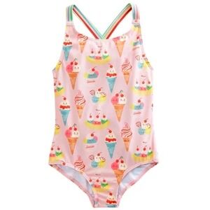 Boden Girls Ice Cream Gelato Print One Piece Swimsuit Pink Rainbow Straps 7-8Y